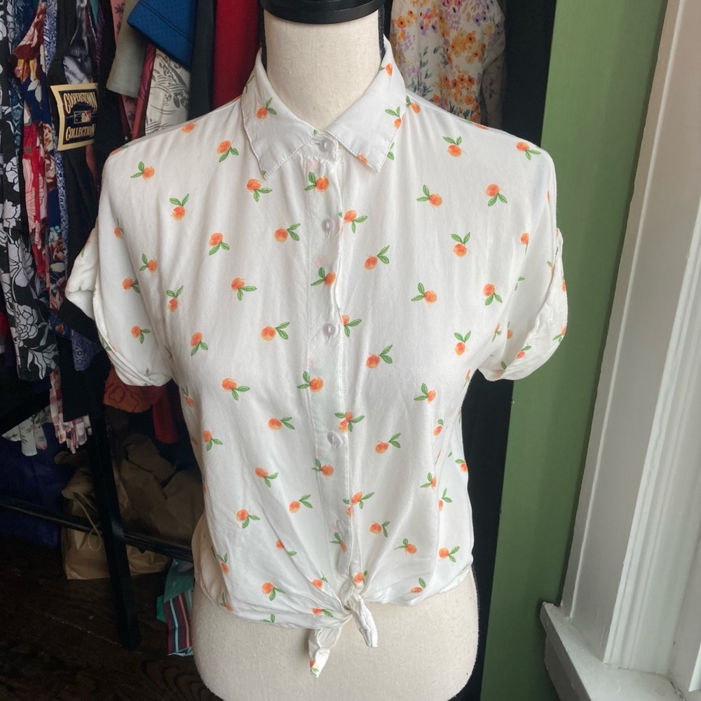 Women's Japna Button Down Shirt Size S White Peach Print